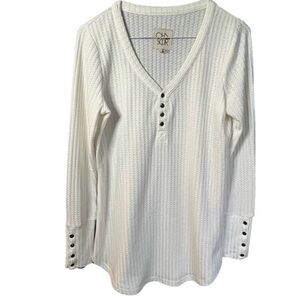 CHASER WOMEN'S HENLEY WAFFLE THERMAL TUNIC LONG SLEEVE SHIRT TOP IVORY Small